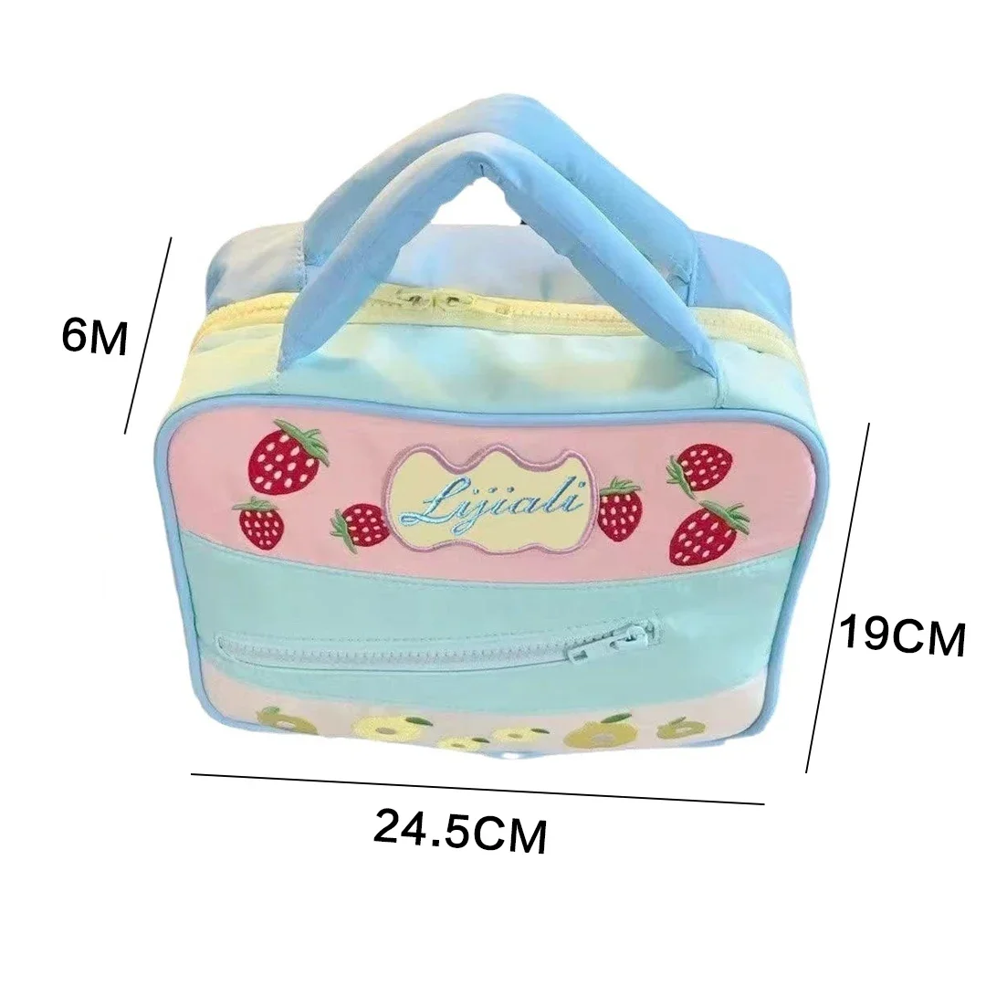 Bolsa de maquiagem com contraste de morango, grande capacidade, cores contrastantes, produtos de higiene pessoal cosméticos, alça de pelúcia de algodão, bolsa de maquiagem