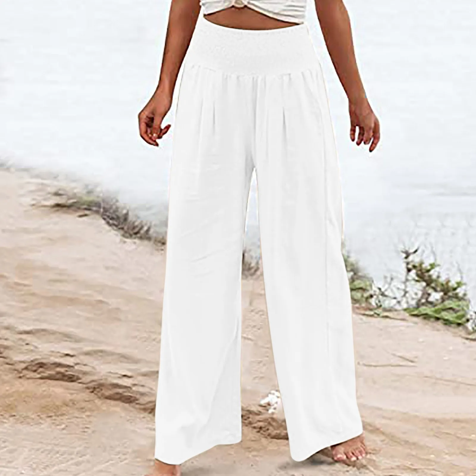 

Fashion Linen Pants For Women High Waisted Wide Leg Loose Fit Palazzo Pants Casual Beach Trendy Trousers With Two Pockets