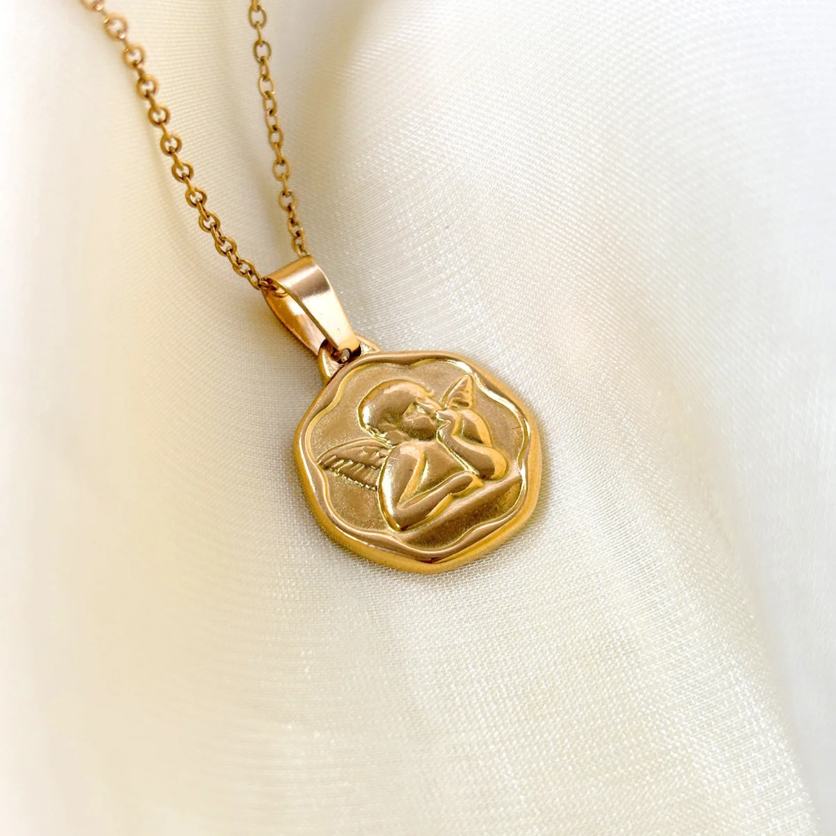 

Vintage Angel Embossed Medallion Necklace, Stylish Design Titanium Steel Pendant, Classic Niche Neck Jewelry