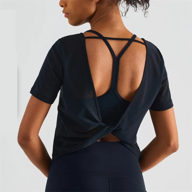 Sexy Yoga Vest Sports Top Loose Casual Open Back Mesh T-shirt Tank Women Short Yoga Shirt Sportswear Breathable Moisture Wicking