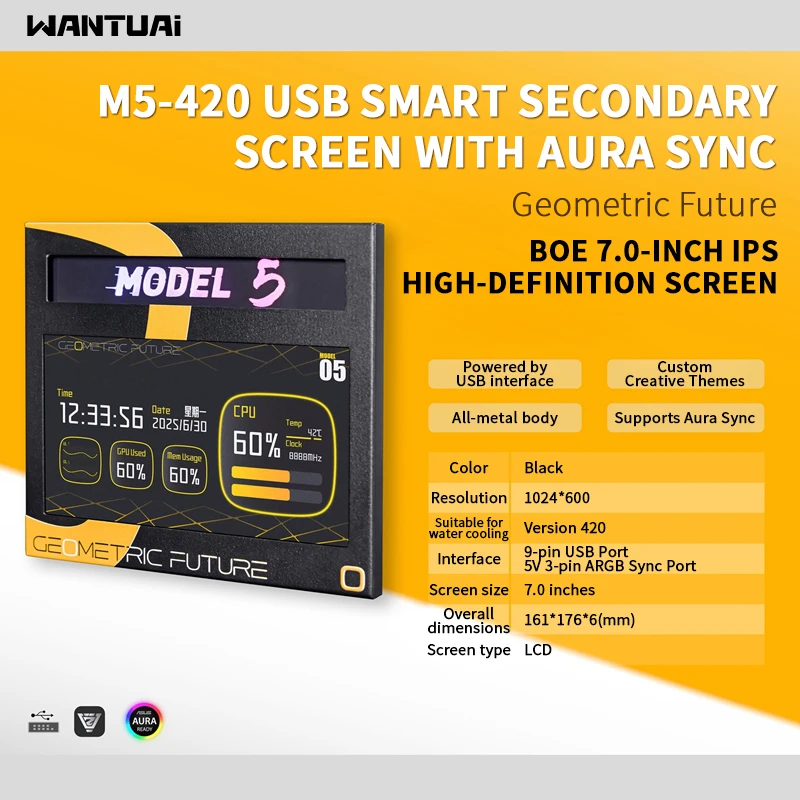 

Корпус для компьютера WANTUAI M5 металлической версии с дополнительным экраном, 7-дюймовый IPS-экран/разрешение 1024x600/9-контактный USB-порт для связи.
