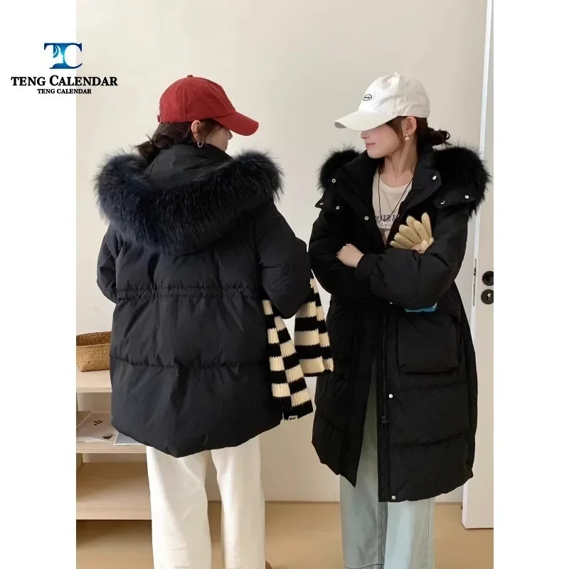 Fashionable Down Jacket, Long Real Raccoon Big Fur Collar Waist Cinching Slimming Jacket, Women's Winter 2024 New Style,