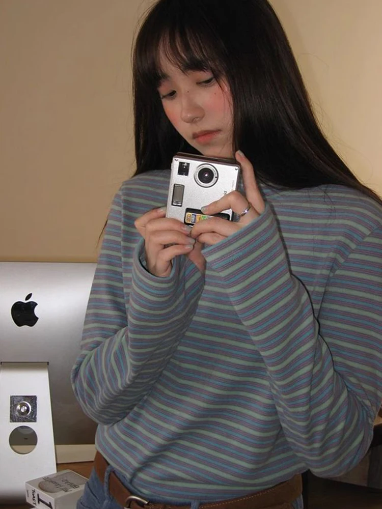 Gestreepte Half Coltrui Vrouwen T-shirt Winter Nieuwe Losse Lange Mouw Warme Basis Tops Y2K Koreaanse Chic Preppy Alle Match Tees Mujer