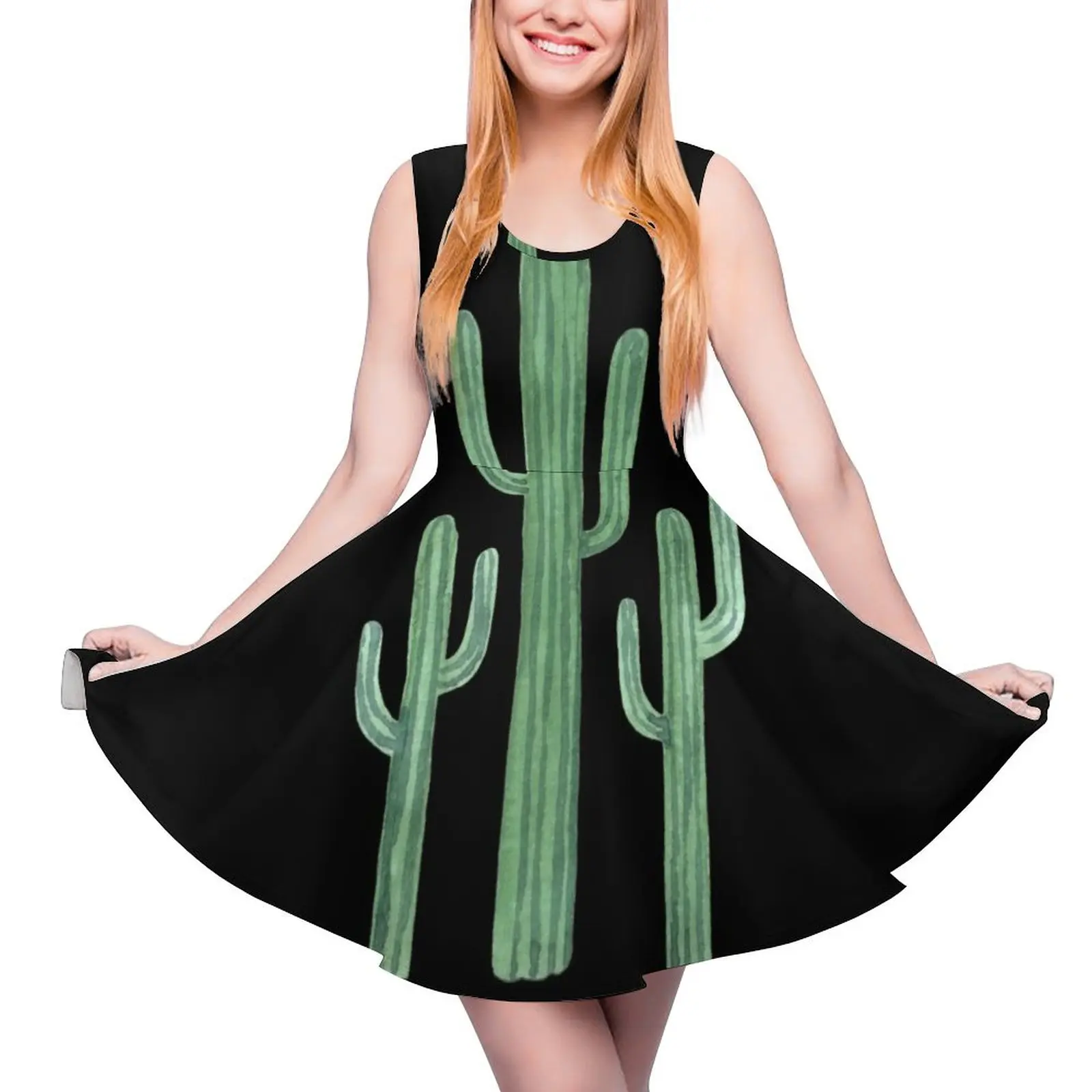 

Three Beautiful Green Cacti Succulent on Black Design Sleeveless Dress women"s summer jumpsuit