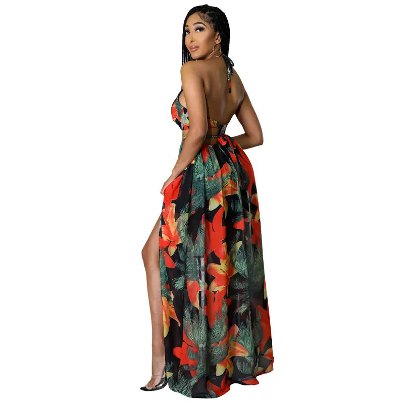 2023 Elegante Vrouwen Bloemen Halter V-Hals Rugloze Uitgesneden Taille Ketting Mouwloze High Side Split Fit Flare Maxi Lange Jurken