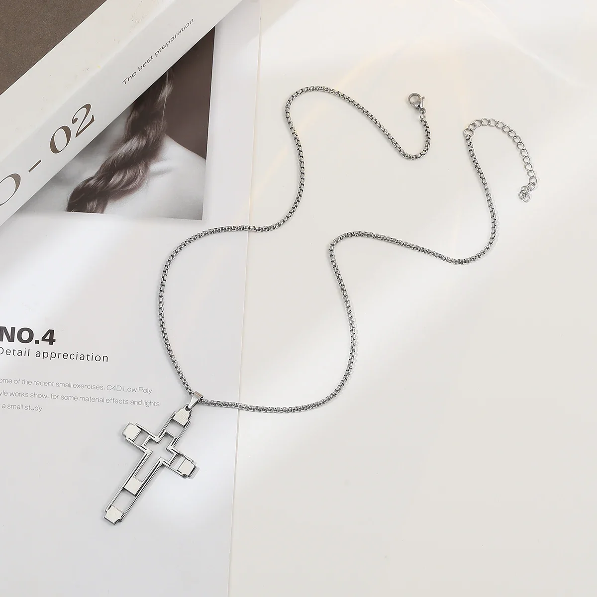 HOUWU Stainless Steel Hollow Out Cross Pendant Double Cross Charm Necklace For Jesus Christian Jewelry