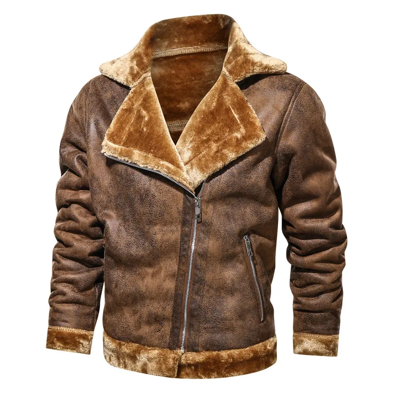 

2023 winter lapel fashion all-in-one trend handsome handsome leather jacket plus fleece thickened casual men's fur coat