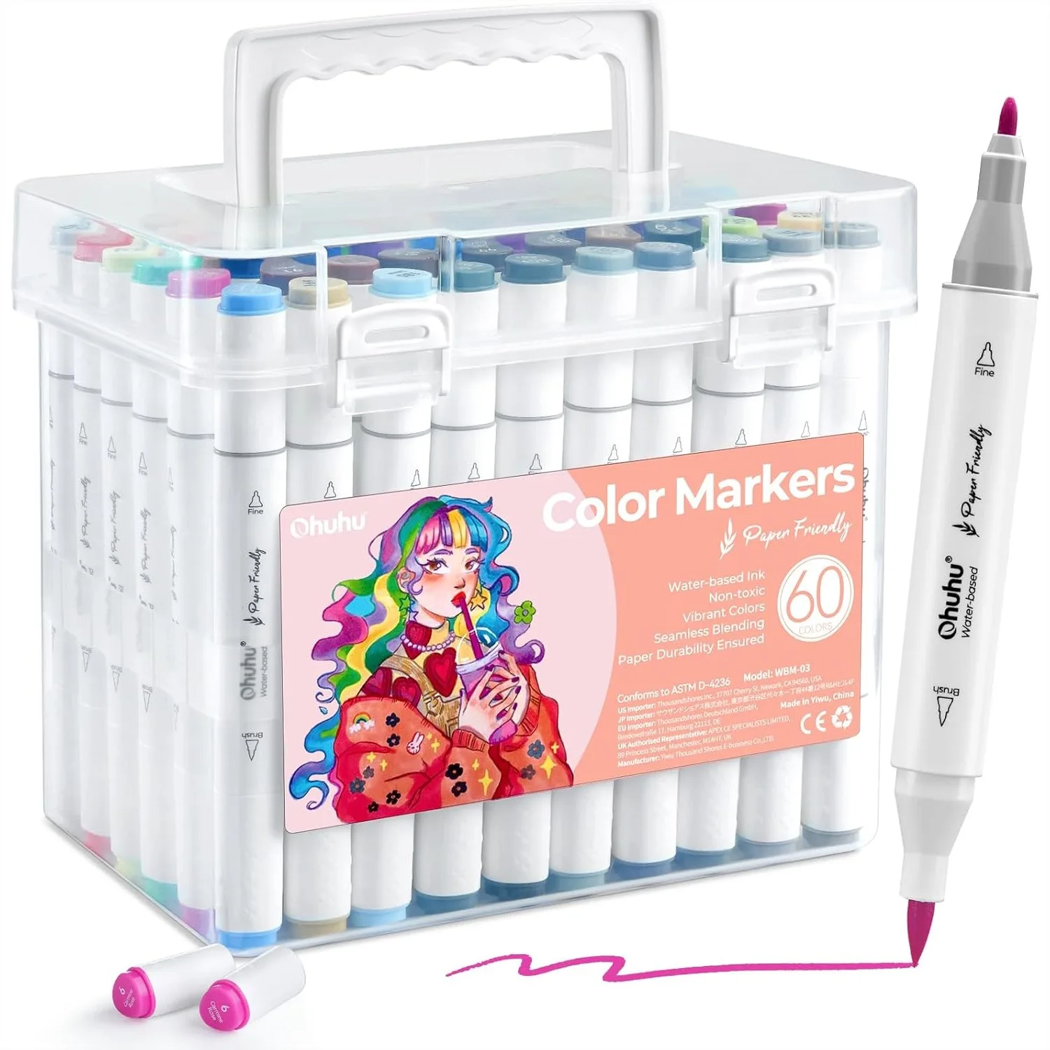 

60 Colors Dual Brush Fine Tip Markers for Adult Coloring Books, Water-Based No Bleeding Drawing Pens with Color Swatch