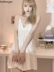 White Nightgowns for Women Retro French V-neck Cute Girlish Sexy Mini Nightdress Simple Loose Summer Home Sleeveless Nightwear