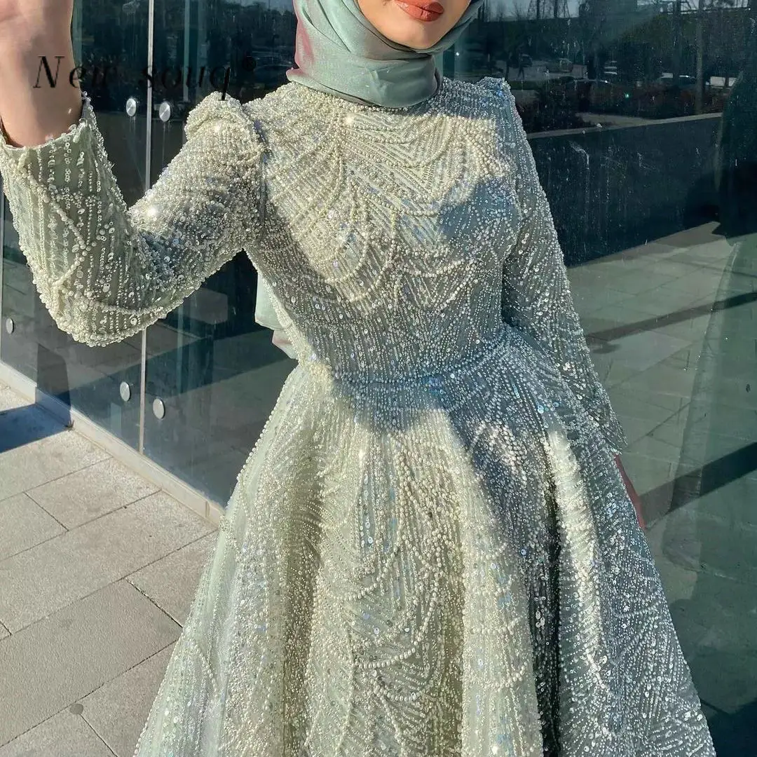 Puffy Sage Green Tea Length Heavy Beaded Evening Dresses Muslim Long Sleeves Elegant Wedding Guest Gowns for Women Party Prom