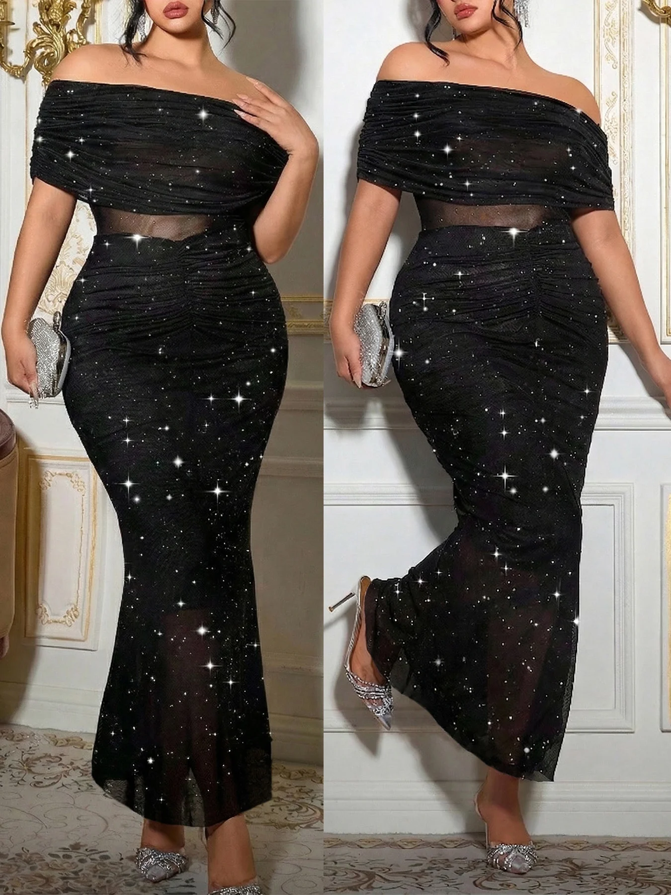 Vestido de noche de talla grande para mujer, vestido largo con brillo y hombros descubiertos, vestido elegante de sirena para fiesta, vestido Formal para primavera y verano