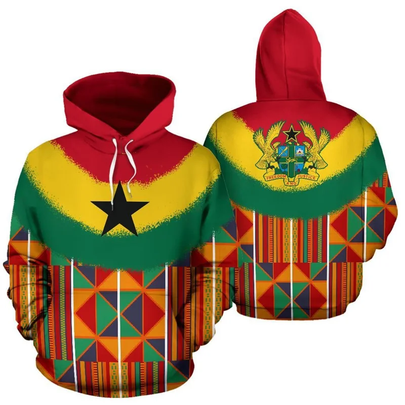 Sudaderas con capucha con patrón de bandera de Ghana para hombre, sudadera con estampado 3D de emblema nacional de manga larga, ropa de calle informal, jerséis de gran tamaño