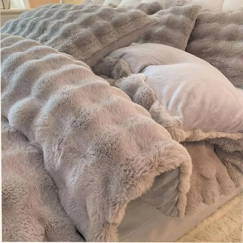 New Class A Bubble Faux Rabbit Fur Fleece Quilt Cover Thicken The Warm Duvet Cover in Autumn and Winter Skin-friendly Bedding
