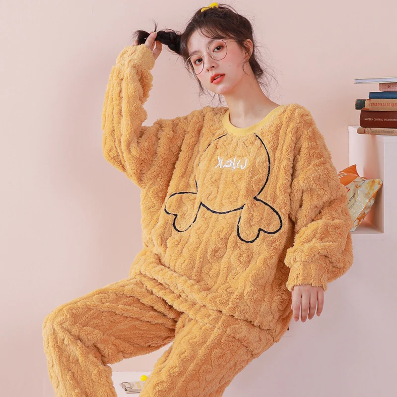 Cartoon Cute Flannel Pajamas Set Winter Warm Women's Pijamas Suit Korean Pijamas Set Coral Fleece Female Home Clothing Drop Ship