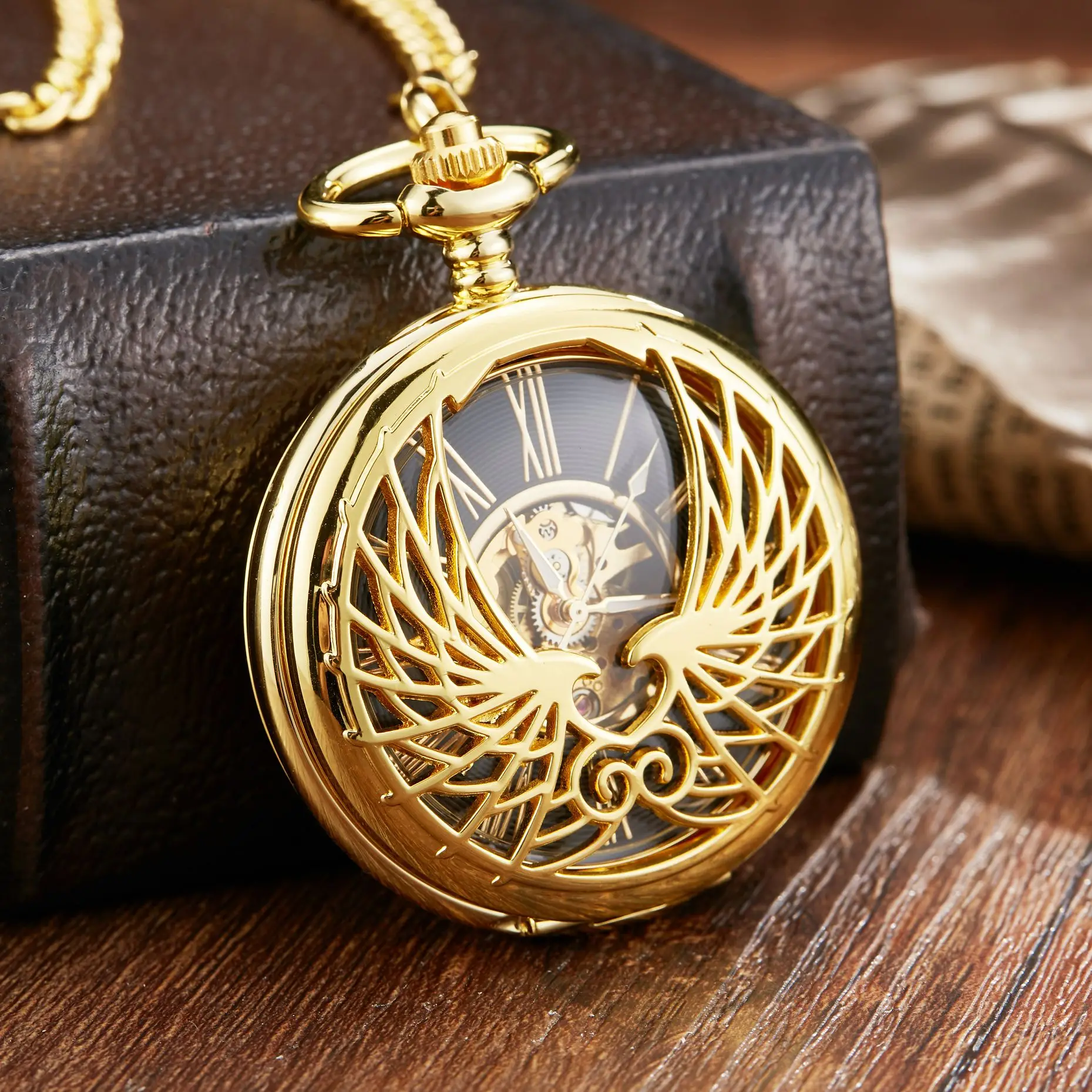 Steampunk Golden Hollow Phoenix Carving Mechanical Pocket Watch Roman Numerals Display Pin Chain Retro Clock New