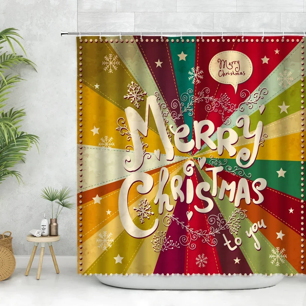 Merry Christmas Shower Curtain Xmas Tree Plant Sock Snowman Winter Festival Christmas Deco Ball Wall Cloth Bathroom Curtains Set