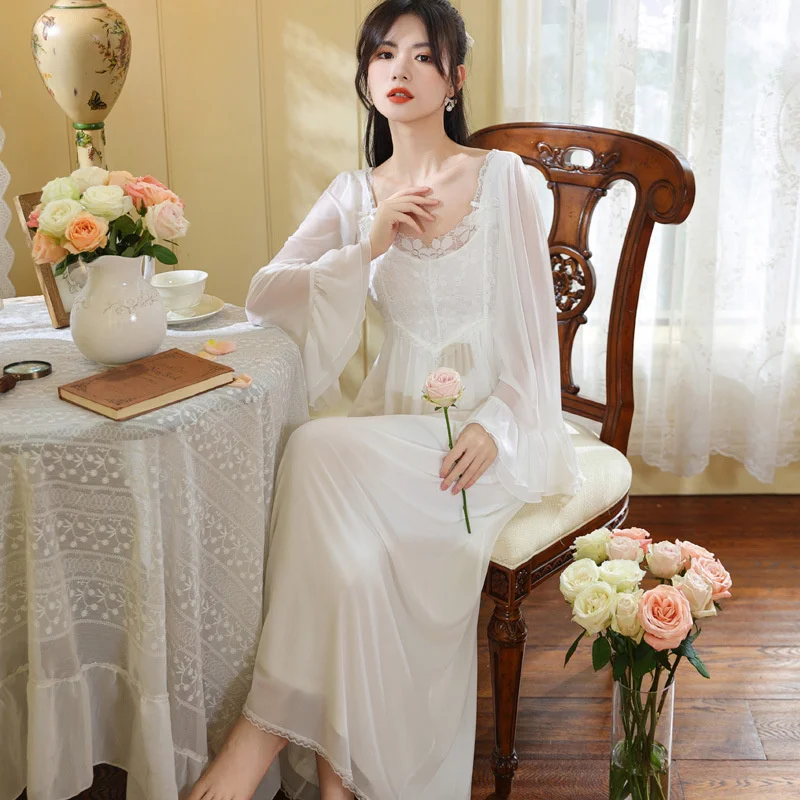 Autumn Winter Mesh Vintage Victorian Lace Long Sleeve Nightdress Princess Sleepwear Sweet Women Solid Color Nightdress