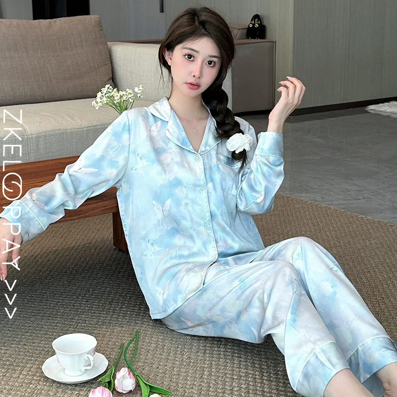Women\'s Pajamas Set Spring Autumn 2 Piece Print Pyjama Femme Faux Silk Satin Sleepwear Long Sleeve Button Pijama Mujer Homewear