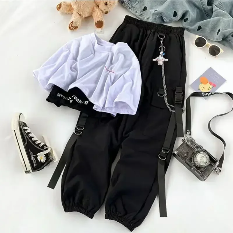 Women\'s Harajuku Cargo Pants 2 Piece Sets, New Streetwear Two-piece Black White T-shirt Short-sleeved and Ribbon Chain Pants