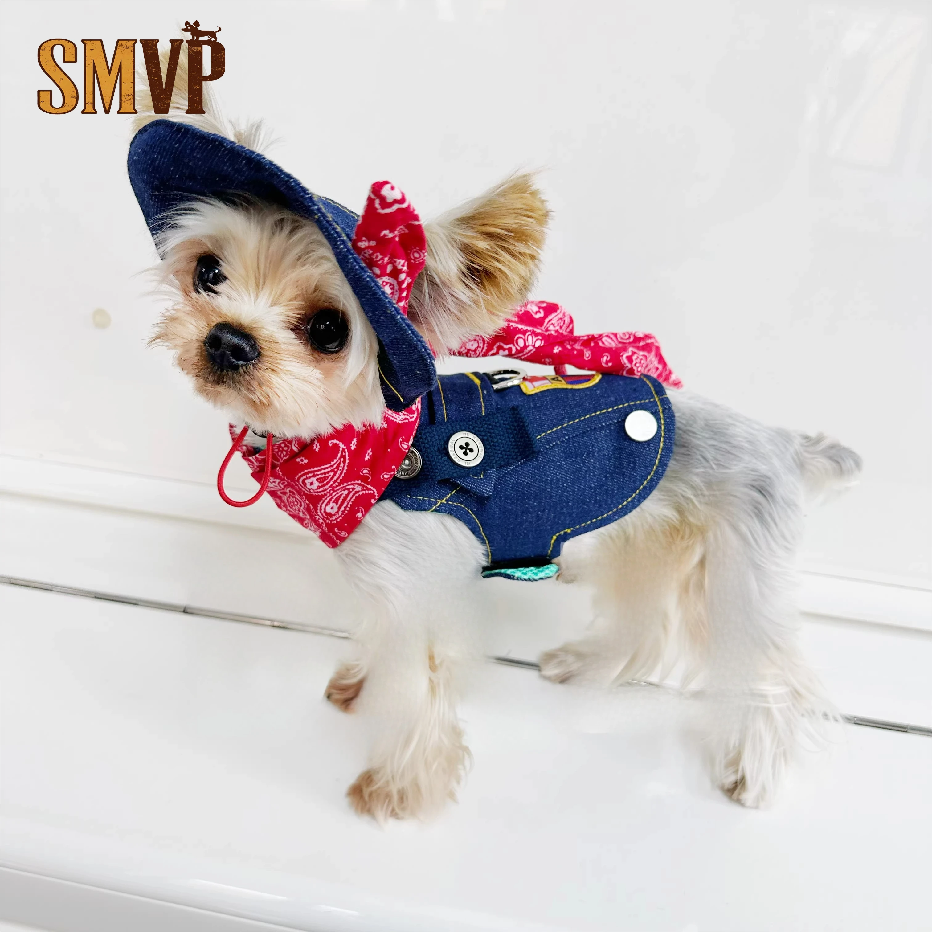 

Summer Trend Denim Dark Blue Locomotive Wind Vest Square Towel Decoration Pet Small Dog Clothes Do Not Contain Hats