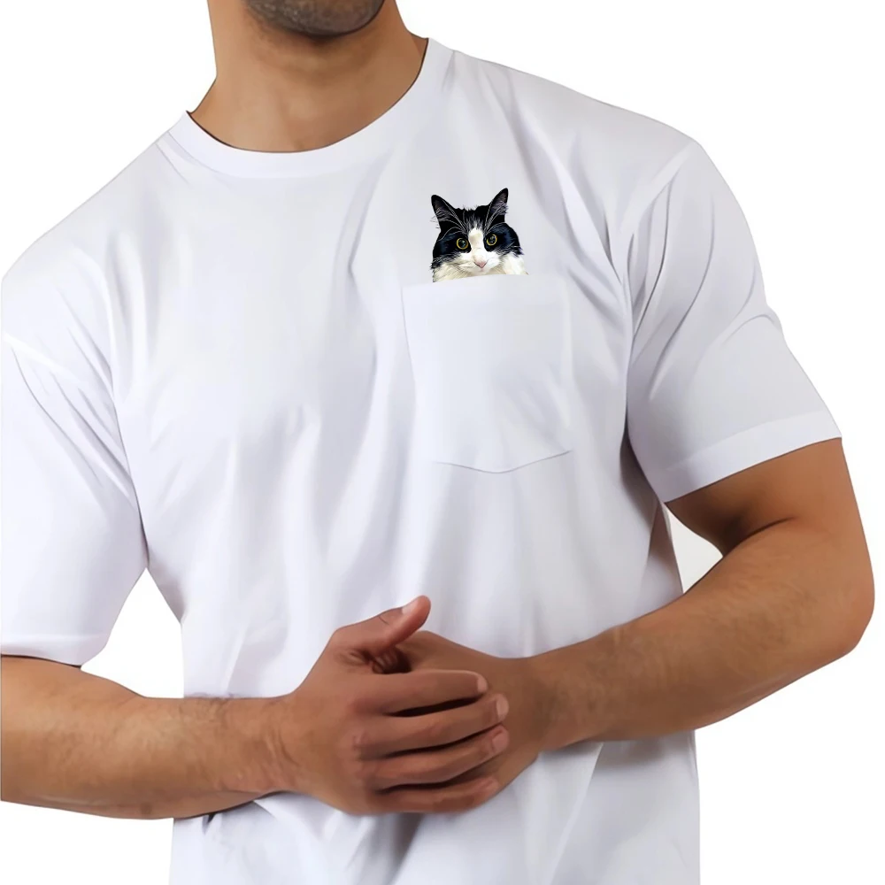 HX Cow Cats Cotton T-Shirts Funny Kitten Double Middle Finger Print Pocket T-shirt Mens Clothing Short Sleeve Shirts Summer Tees