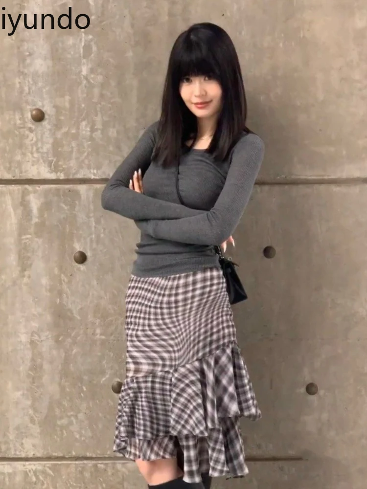 

2024 New Women's Ruffled Plaid Midi Skirt - Asymmetrical High Waist Slimming Skirt with Mermaid Hem for Spring Autumn