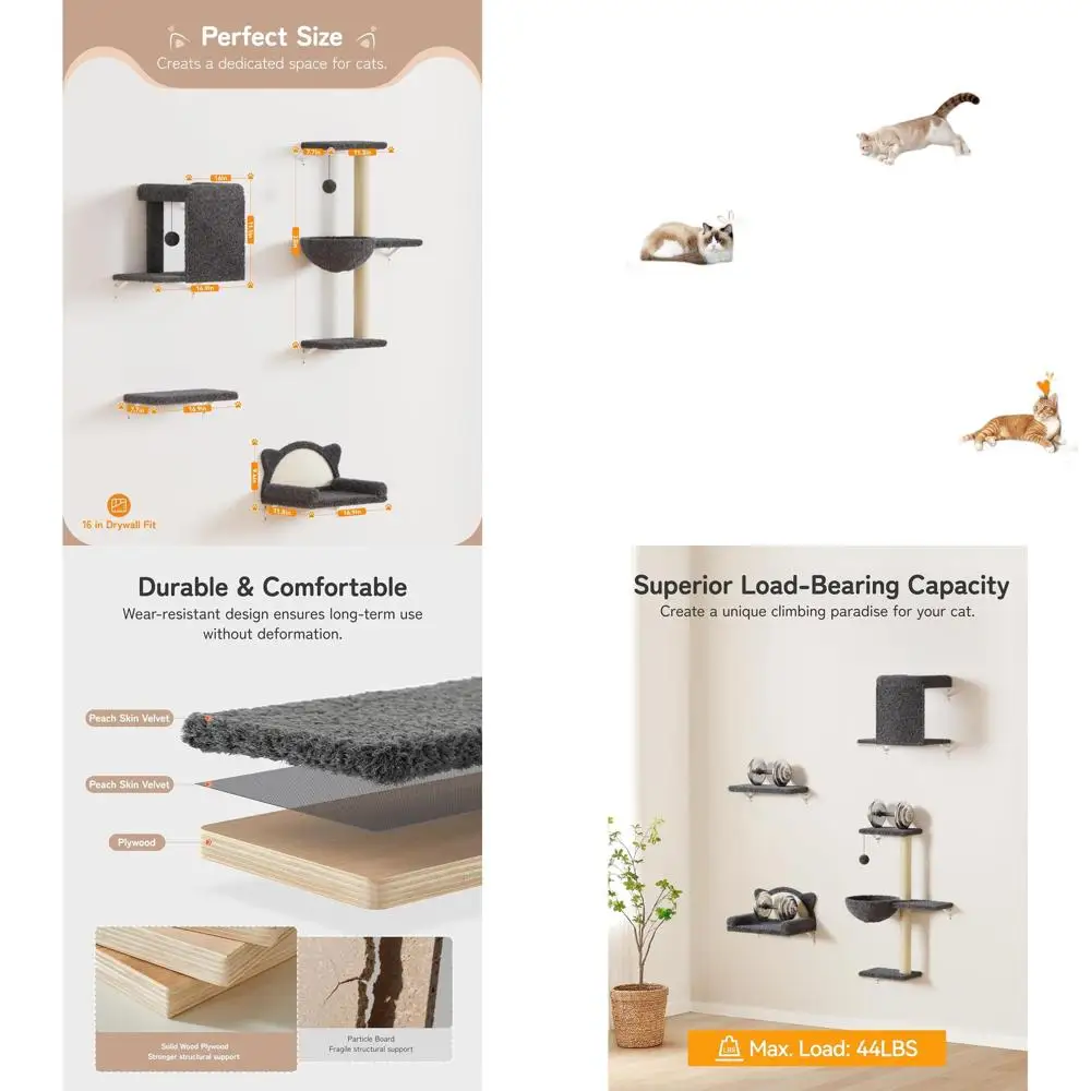 

Solid Wood & Velvet Cat Wall Shelf, Sisal Scratcher, 44lbs Load, Climbing System for Cats, Suitable for Drywall & Solid Walls -