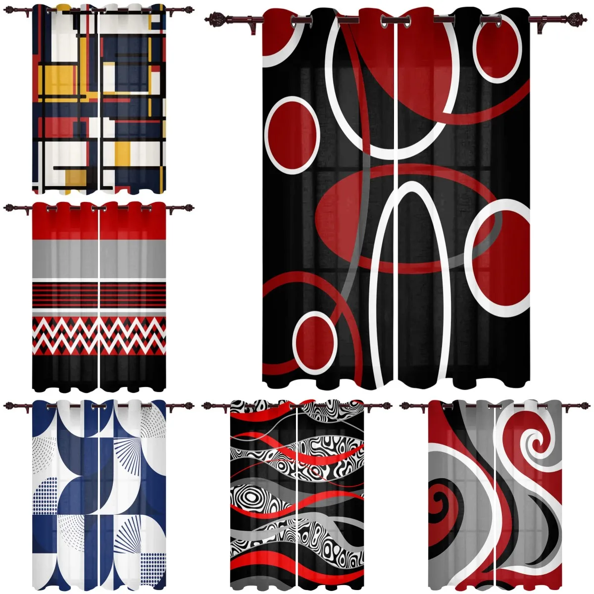 2pcs Red Black Geometric Abstract Lines Modern Window Curtains for Living Room Bedroom Curtain Kitchen Treatment Blinds Drapes