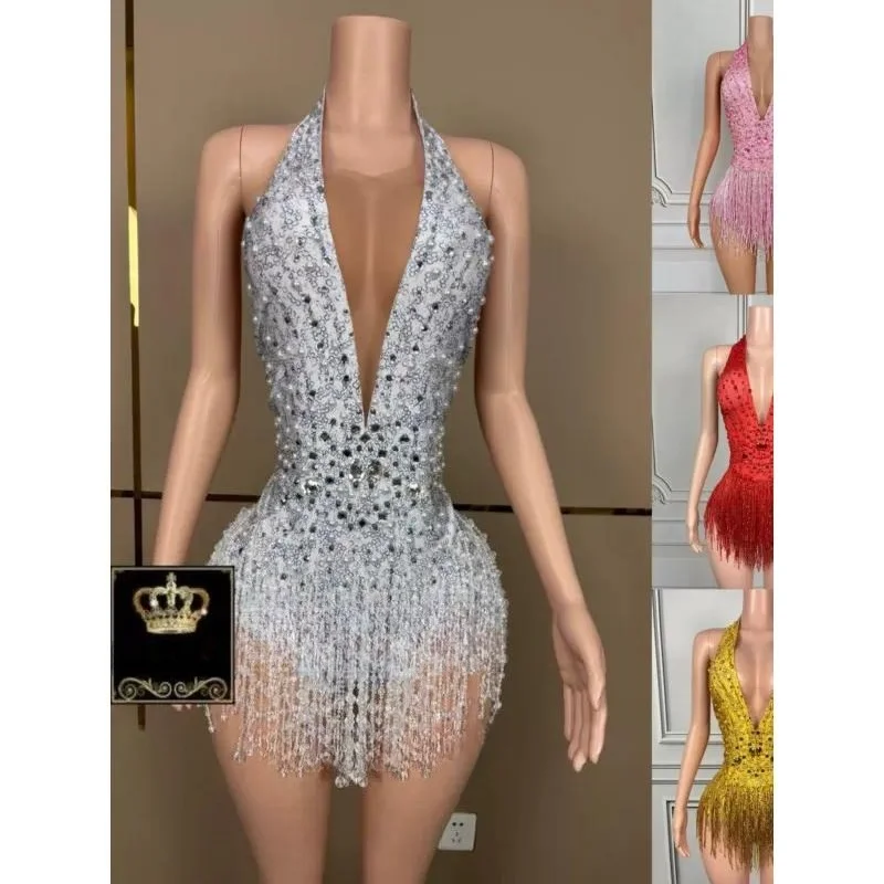 Women Deep V Halter Mesh Bodysuit Full Bead Chain One Piece High Cut Gogo Dance Costume for Nightclub Bar Stage