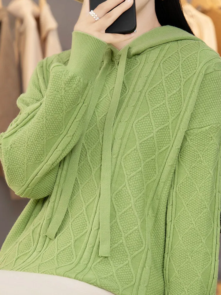 

Casual Versatile Diamond Patterned Hoodie Sweater Outerwear Soft Cozy Knitted Loose Slimming Women's Long Sve Top