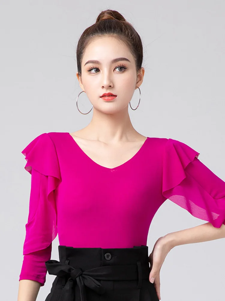 

2025 Mesh Ballroom Tango Latin Tops Girls Elegant Latino Practice Dance Wear Women Solid Color Slim Fit Ruffle Tops Clothes