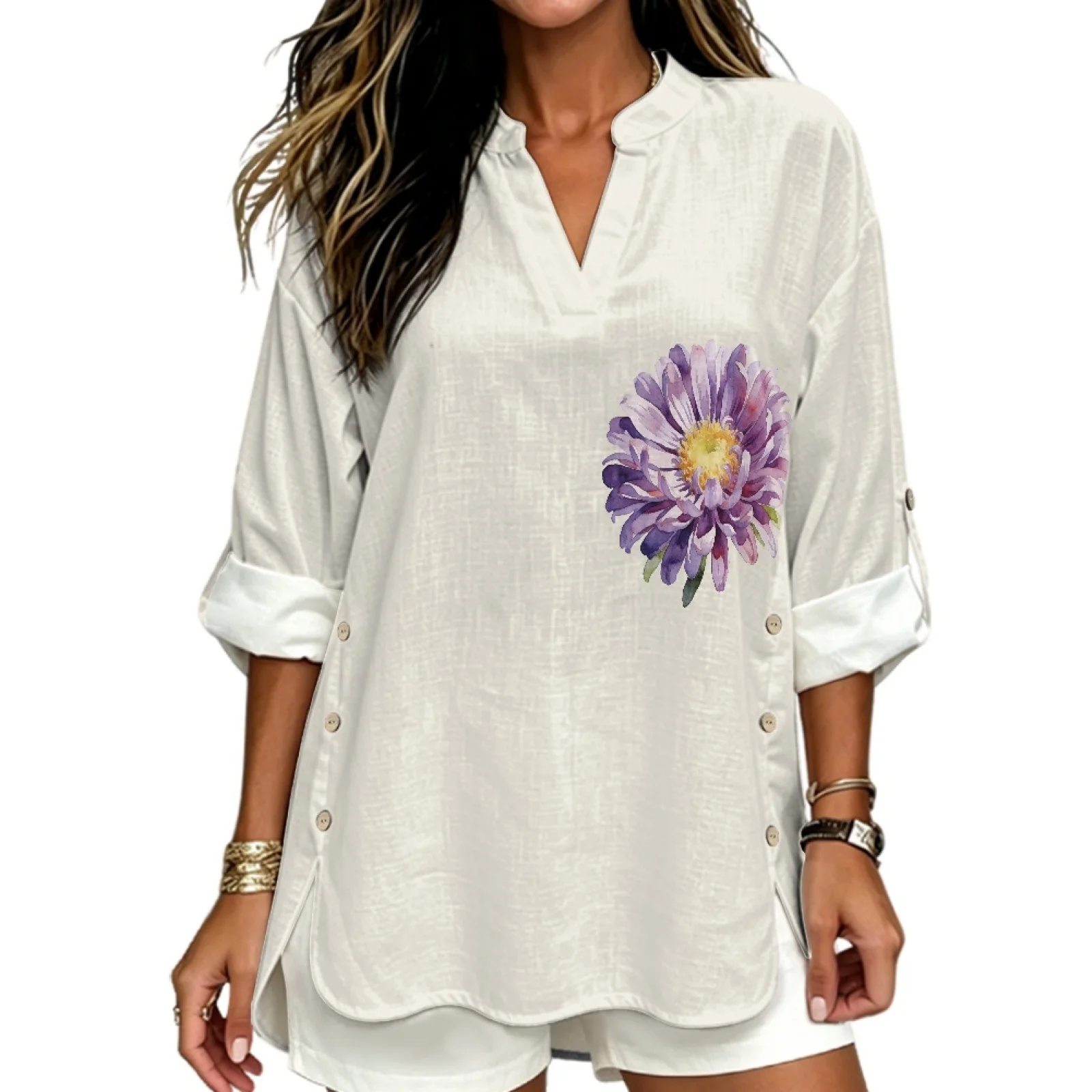PENSTROLL Purple Watercolor Flower Notch V Neck Blouses, Linen Style Casual Dressy Shirts Sizes S-5XL for Women All Occasions