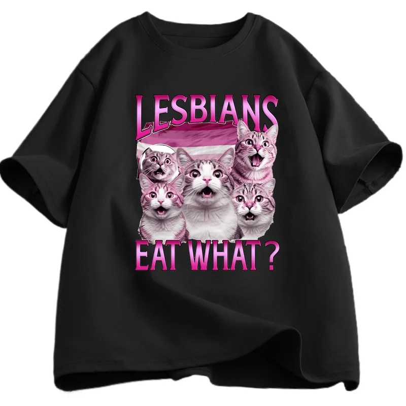 

Футболка с принтом Lesbians Eat What, забавная футболка ЛГБТ, винтажная гордость, футболка с изображением лесбиянского кота, повседневные мужские и женские футболки, уличная одежда, лето