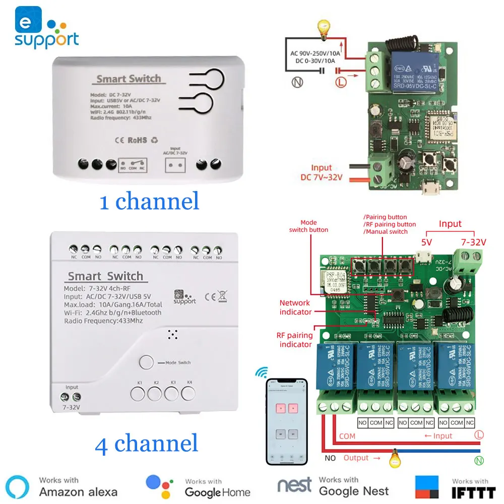 E-Welink Smart 1/4 way WiFi Relay Module DC7-32V Switch Relay Timer Wireless Remote Control Inching/Self-Locking for Google Home