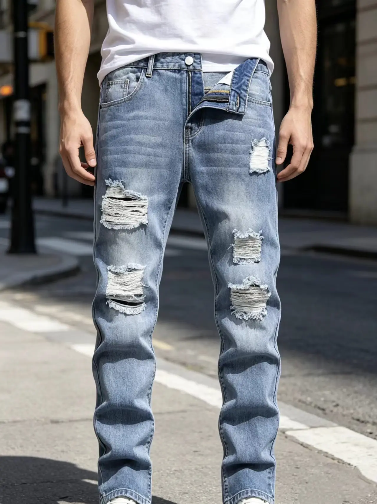 

Men's Slim Fit Straight Leg Jeans Fashionable Cross-Border European American Style Long Pants without Elastic Hole Punching