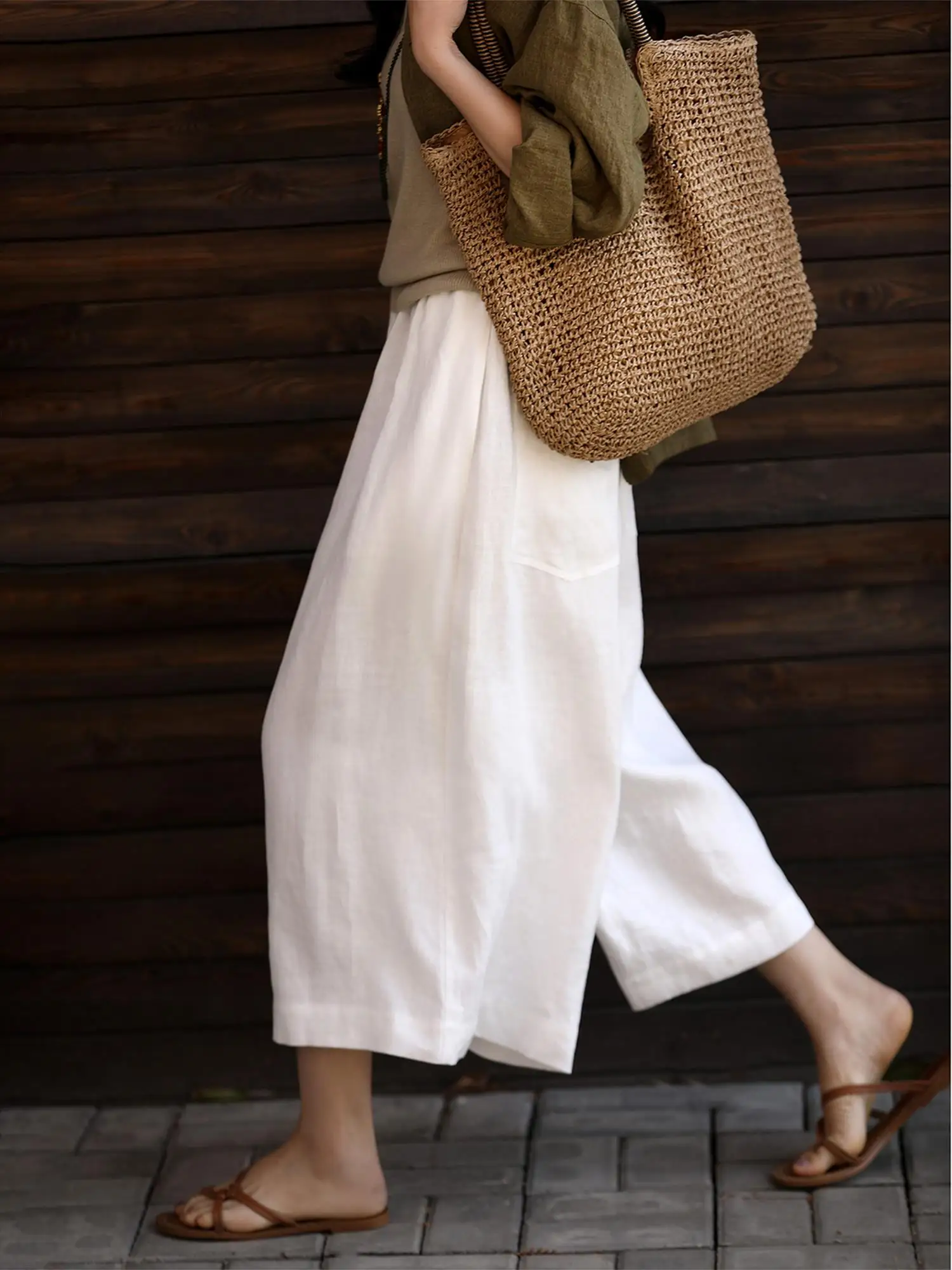 Ole Free Han Hanma Pants Thin Version Washable Nine Points Wide Leg Skirt Pants Summer Women's Casual Trousers High Waist