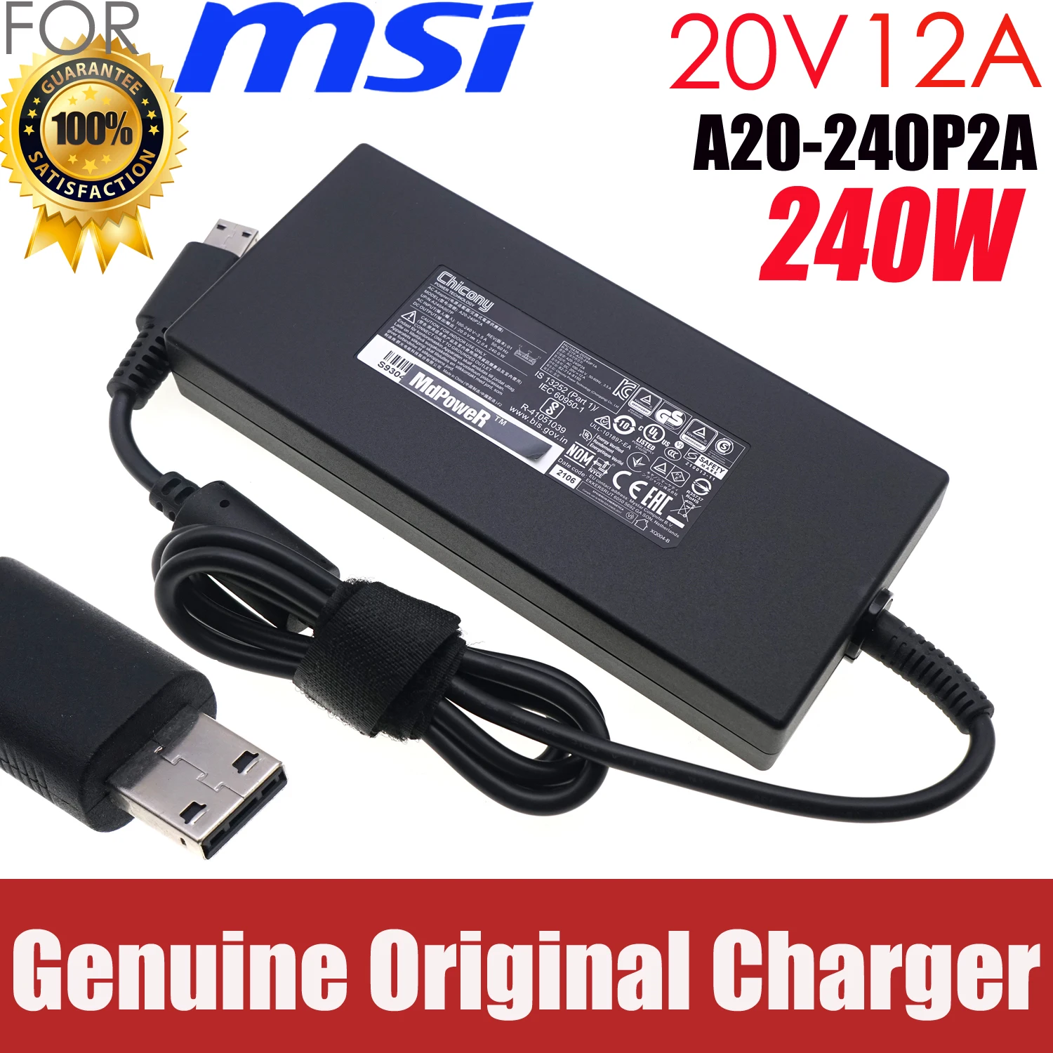 

240W Original Chicony Gaming AC DC Adapter Charger for MSI GL66 GP76 GP66 Leopard 11UE Power Supply A20-240P2A 20V 12A USB Tip