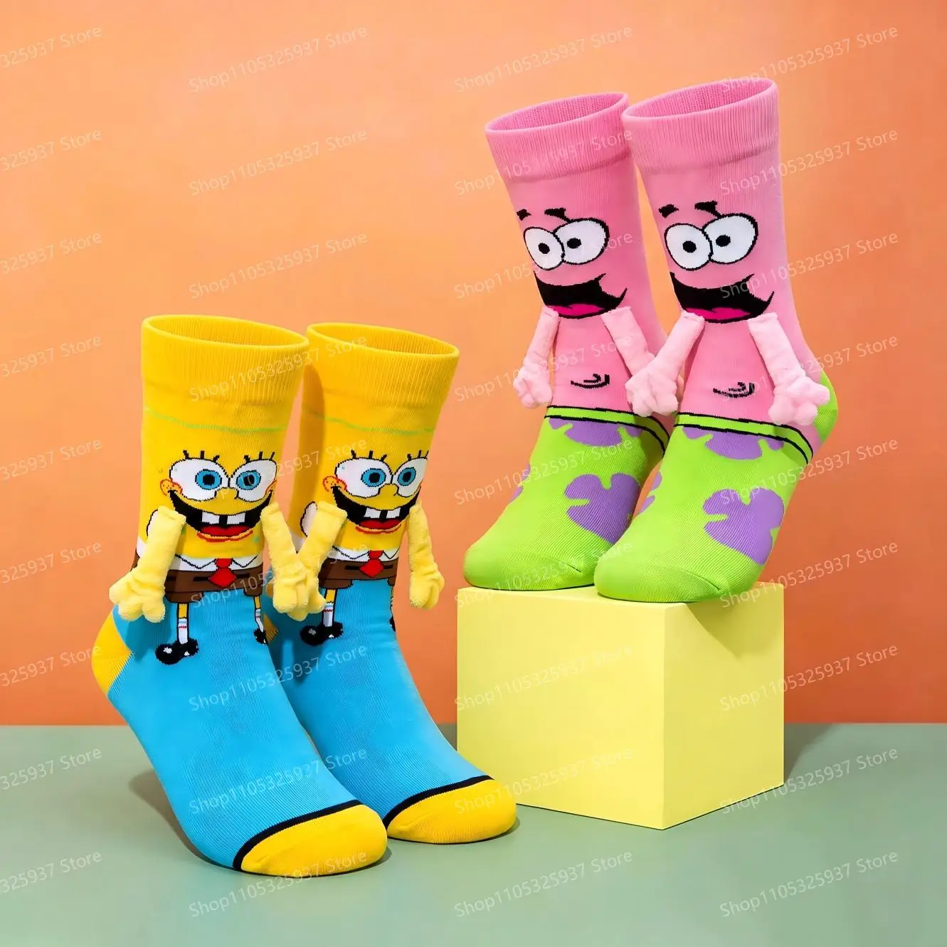 Cartoon 3D Socken Niedliche Interaktive Gelbe Schwamm-Rosa Seestern Anime-Peripherieartikel Weiche Hochelastische Röhrensocken für den Täglichen Gebrauch