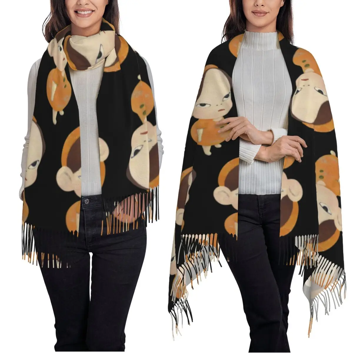 وشاح Yoshitomo Nara أوشحة شرابة للنساء شالات دافئة ناعمة ويلتف شال طويل للخريف والشتاء