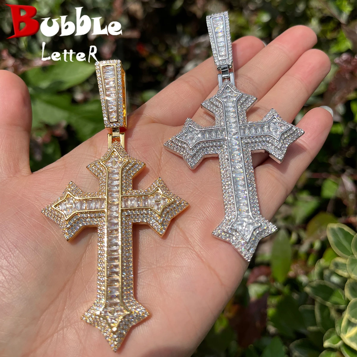 

Bubble Letter Iced Out Cross Necklace for Men Prong Setting Real Copper Cubic Zirconia Hip Hop Jewelry Dropshipping Items