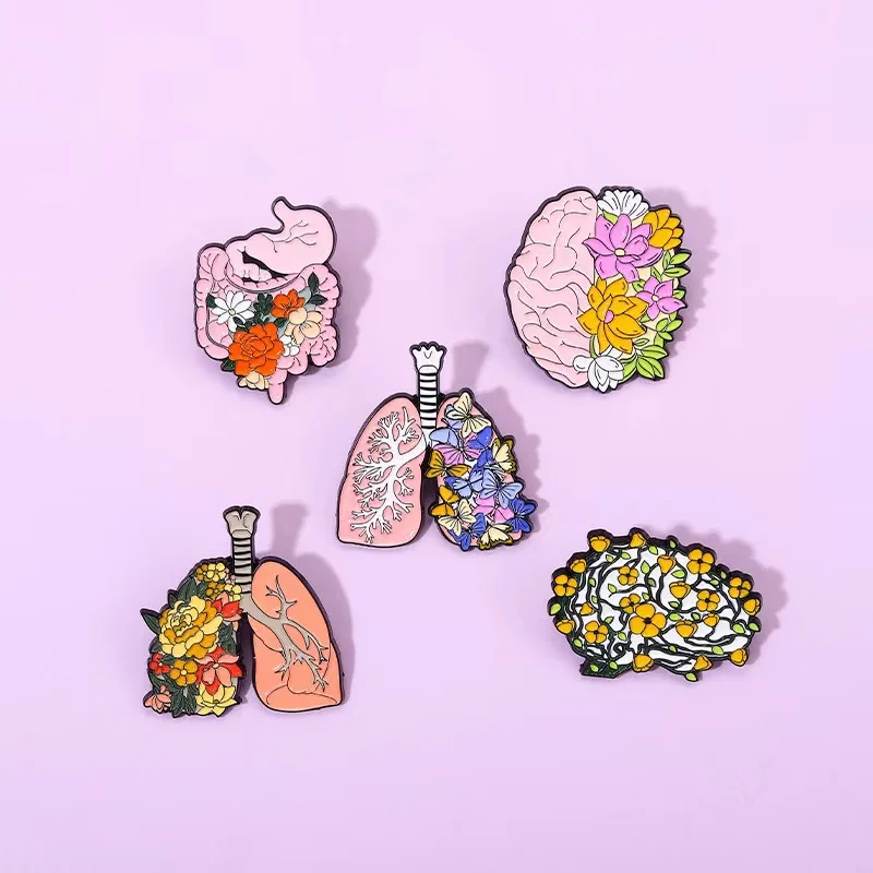 Flowers Internal Organs Enamel Pins Heart Uterus Skeleton Lungs Creative Blossoms Brooches Lapel Badges Jewelry Gifts Wholesale