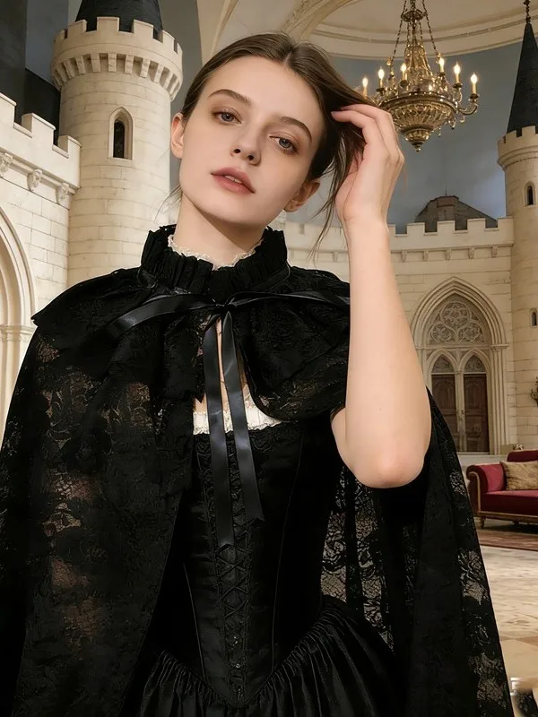 Retro Medieval Court Style Lace Cloak Halloween Robe Stand Collar Pleated Shoulder Wrap Lolita Dark Robe Polyester Material