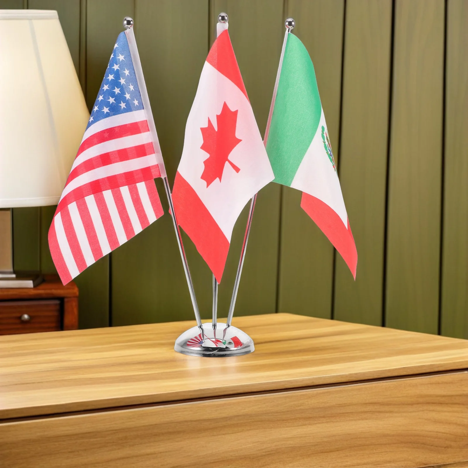 

1Set Mini Usa Canada Mexico Desk Table Flags Metal Flag Holder Stainless Steel Pole Office Meeting Desktop Decoration