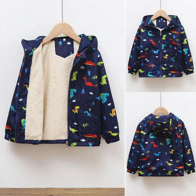 Kids Fleece Jacket Boy Autumn Winter Baby Dinosaur Design Coats Toddler Plus Thicken Hooded Outerwear Parkas Infant Clothes