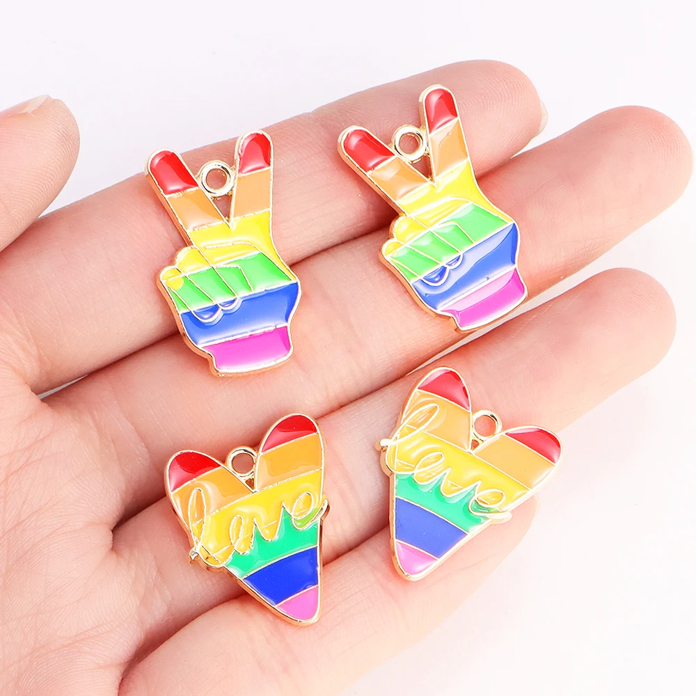 10Pcs Mixed Cute Enamel Rainbow Love Heart Flag Charms Pendants for Jewelry Making DIY Earrings Necklace Keychain Craft Supplies