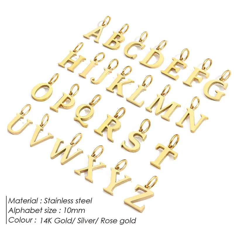 3PCS/LOT 14K Gold PVD Plated Stainless Steel 10mm Alphabet Letter Charms, Personalized Pendant for DIY Necklace Jewelry