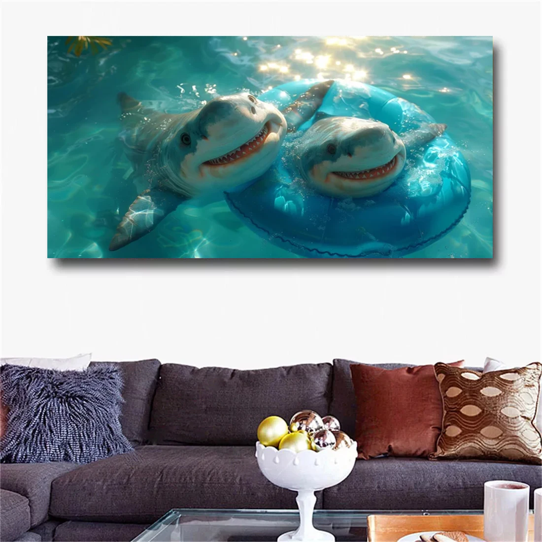 Blue cartoon shark in the sea canvas print, wall poster art mural, for kids room, dorm, bedroom, home decor, unframed