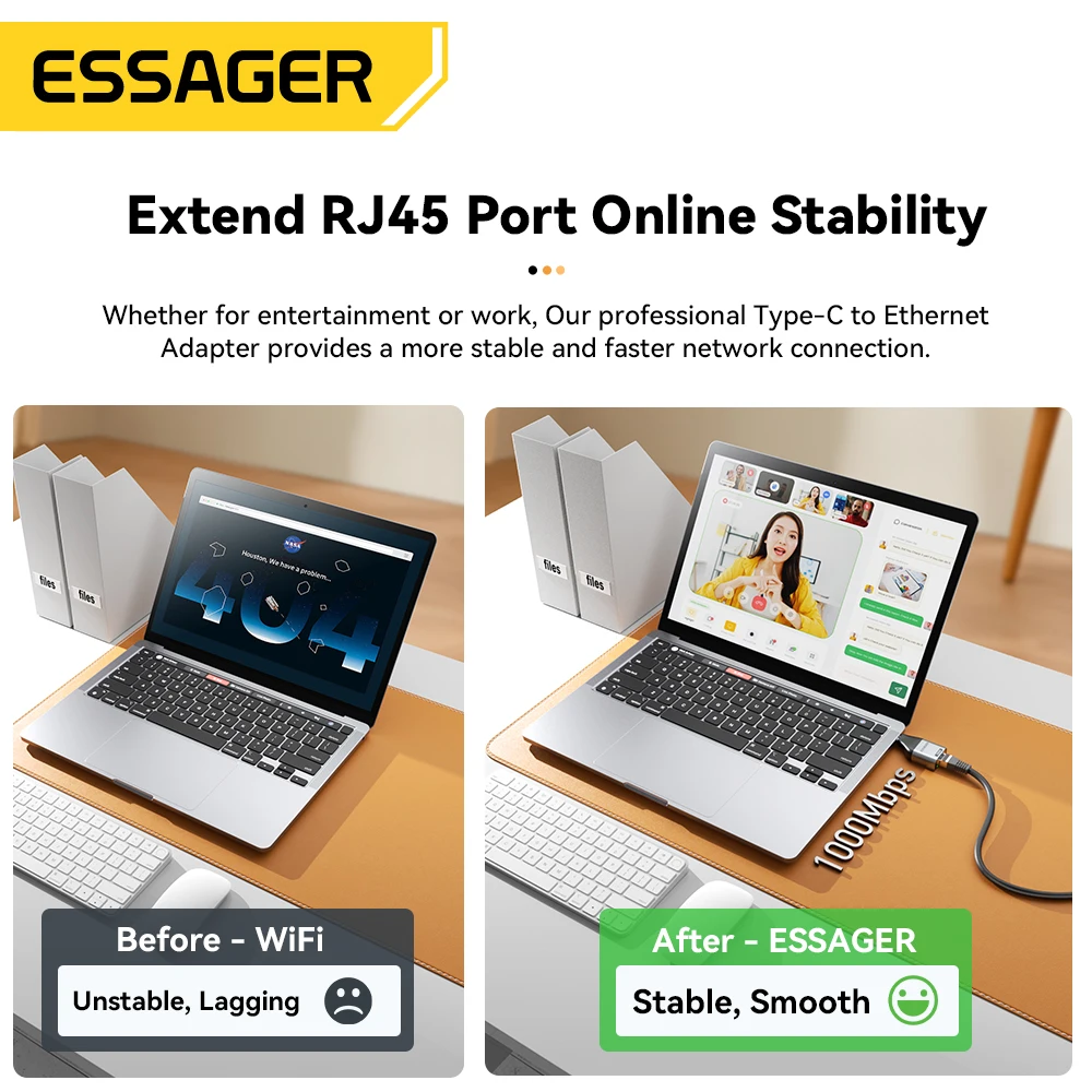 Ethernet-адаптер Essager 1000/100 Мбит/с RJ45 к разъему типа C, удлинитель для ПК, планшета, ноутбука, проектора, гигабитного адаптера