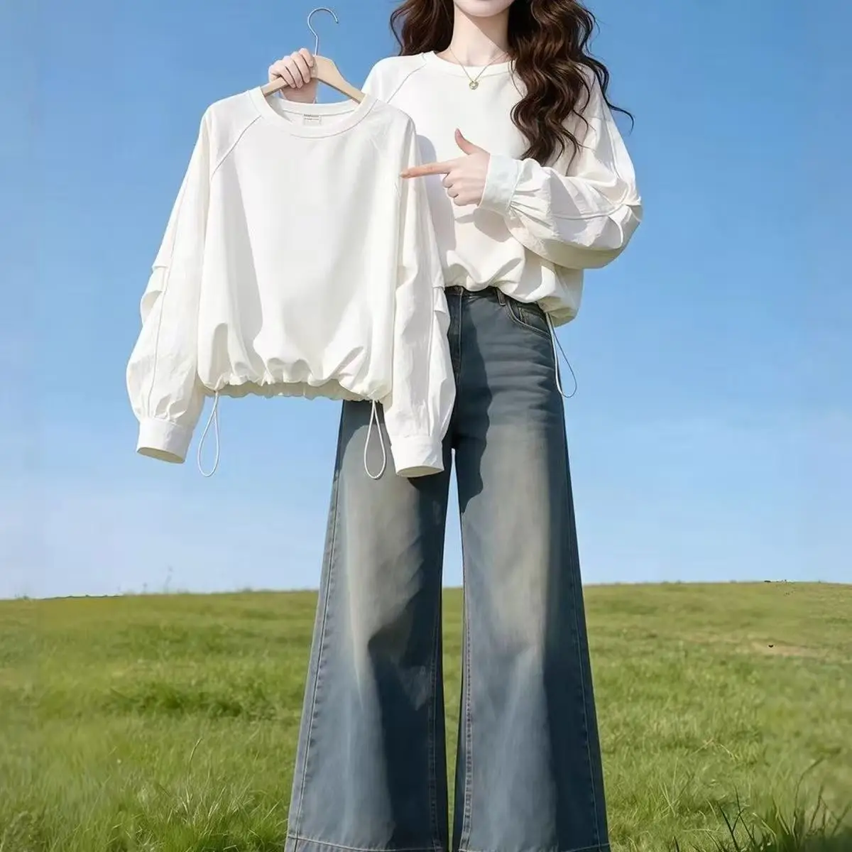 Women's 2026 Spring Korean Style Cotton Sweatshirt Long Sleeve Loose Round Neck Fashion Pullover