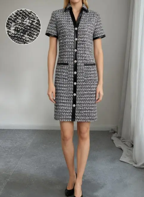 Letnia klasyczna sukienka we wzór szachownicy z żakardowej wełny, z kobiecią elegancją, unikalnym designem, łączona skórą, dopasowana sukienka.